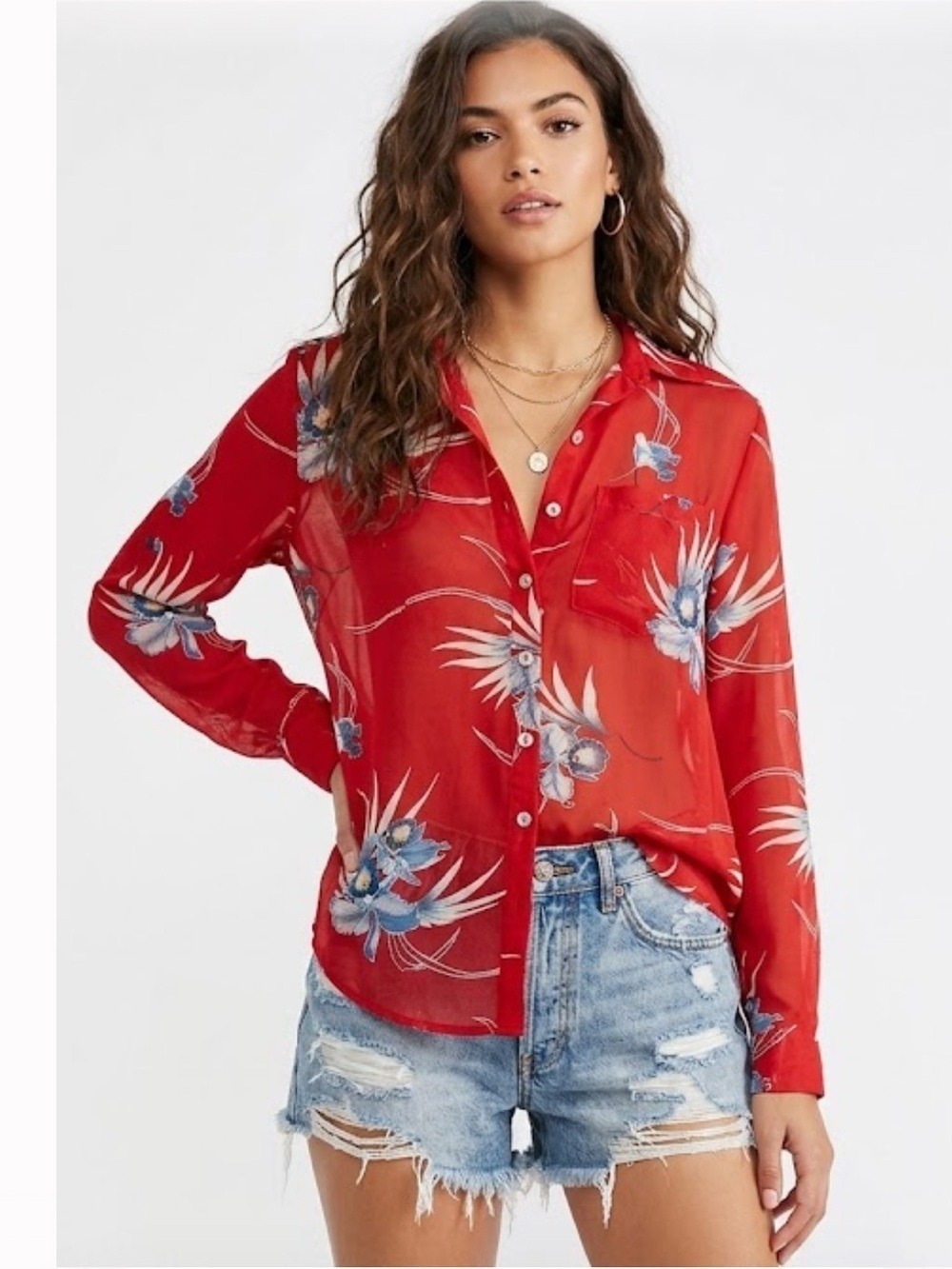 Free People Red Floral Sheer Button-Down Top - Size Small